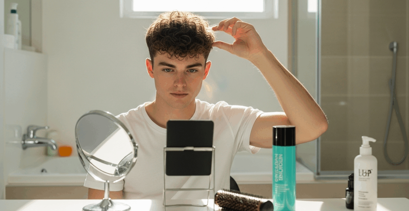 Homme aux cheveux bouclés hésitant entre un lisseur et un produit coiffant