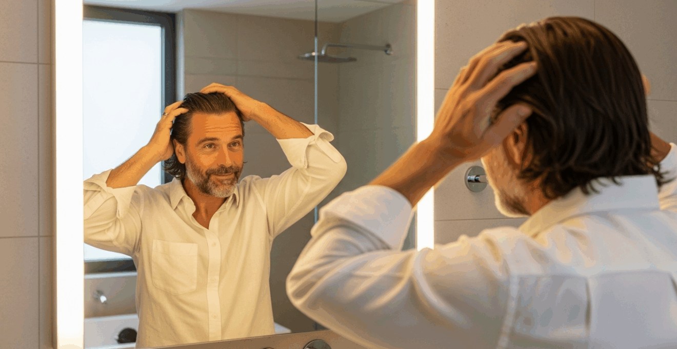 Un homme se regarde dans le miroir, cheveux lissés et expression confiante