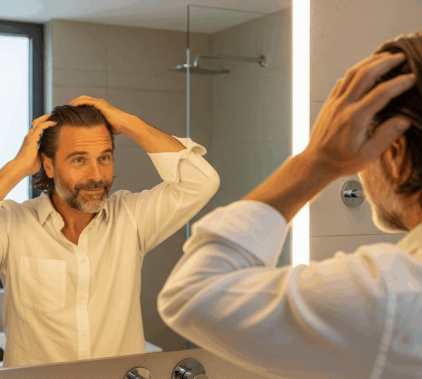 Un homme se regarde dans le miroir, cheveux lissés et expression confiante