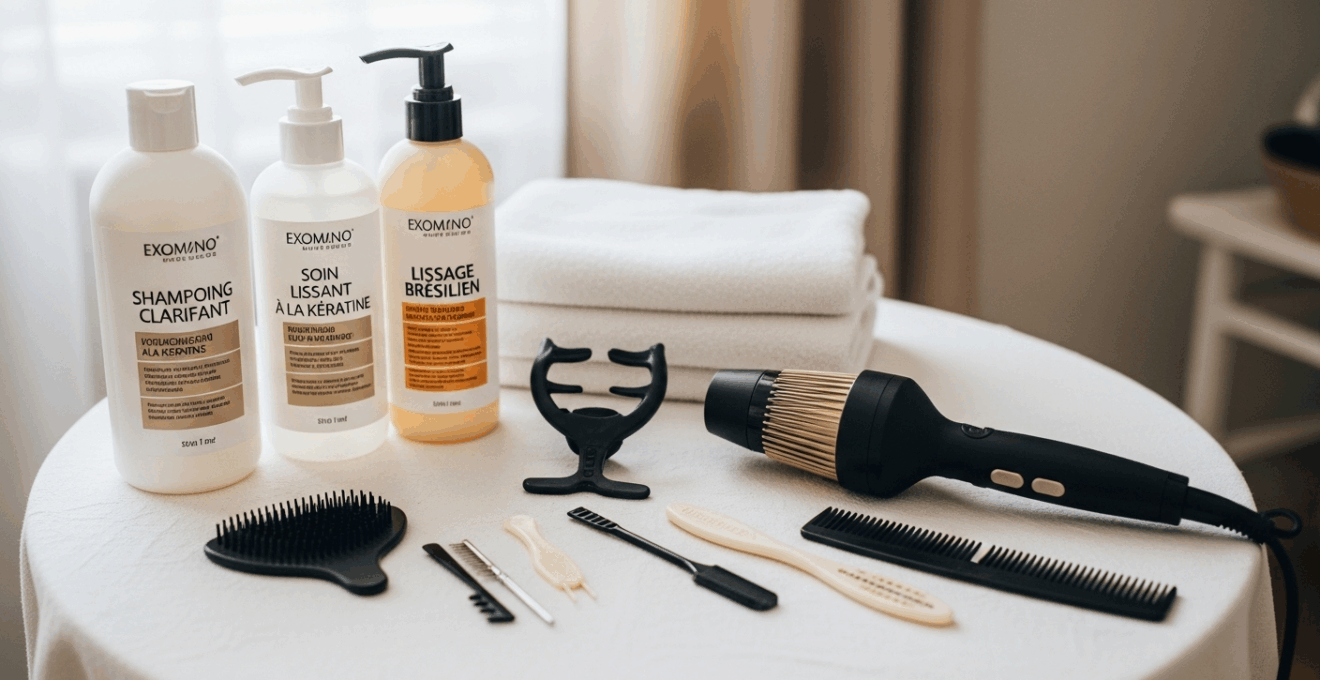 Kit complet de lissage brésilien soigneusement disposé sur une table de salle de bain