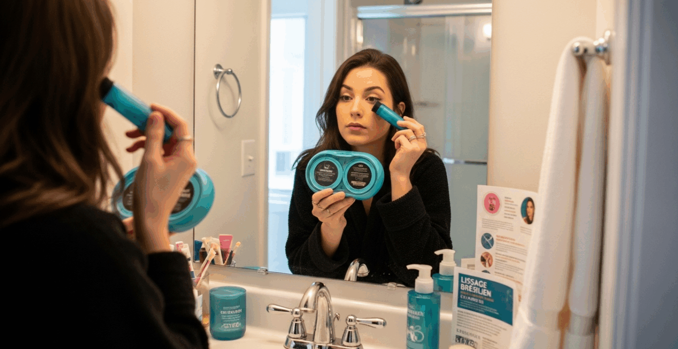 Jeune femme appliquant un kit de lissage brésilien à domicile devant son miroir