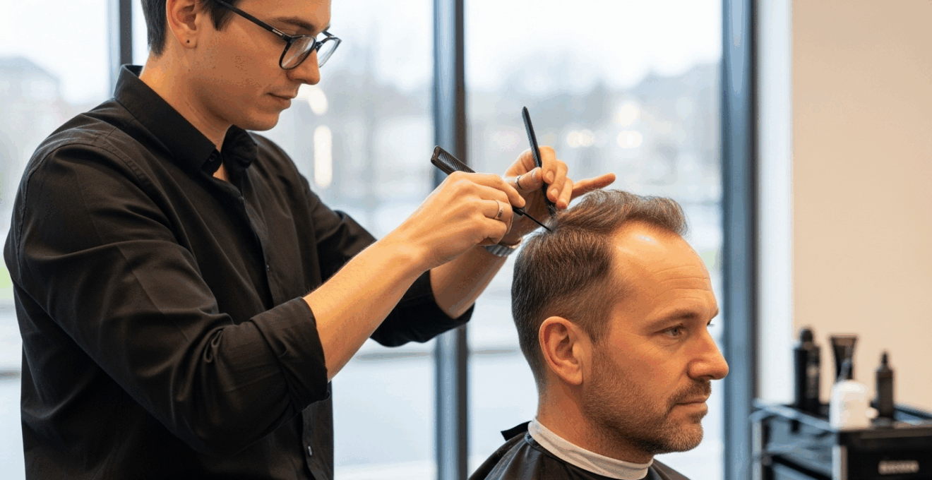 Homme recevant un soin lissant dans un salon de coiffure moderne