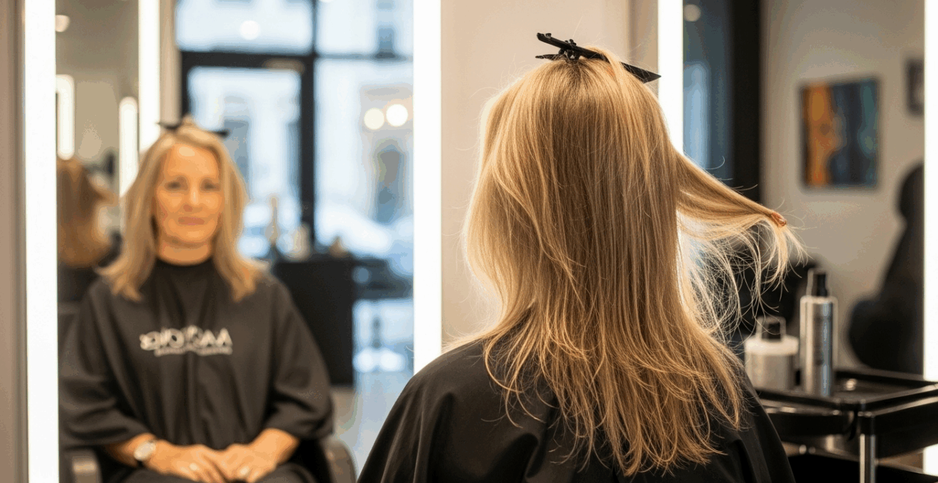 Femme aux cheveux frisés en cours de lissage brésilien dans un salon moderne, reflet dans le miroir