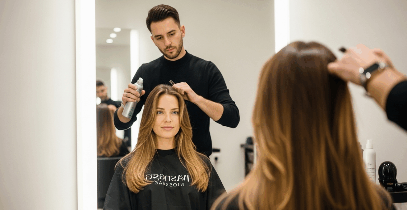 Femme recevant un soin de lissage brésilien dans un salon de coiffure moderne, ambiance chaleureuse
