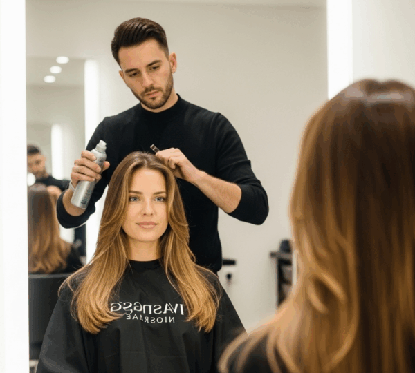 Femme recevant un soin de lissage brésilien dans un salon de coiffure moderne, ambiance chaleureuse