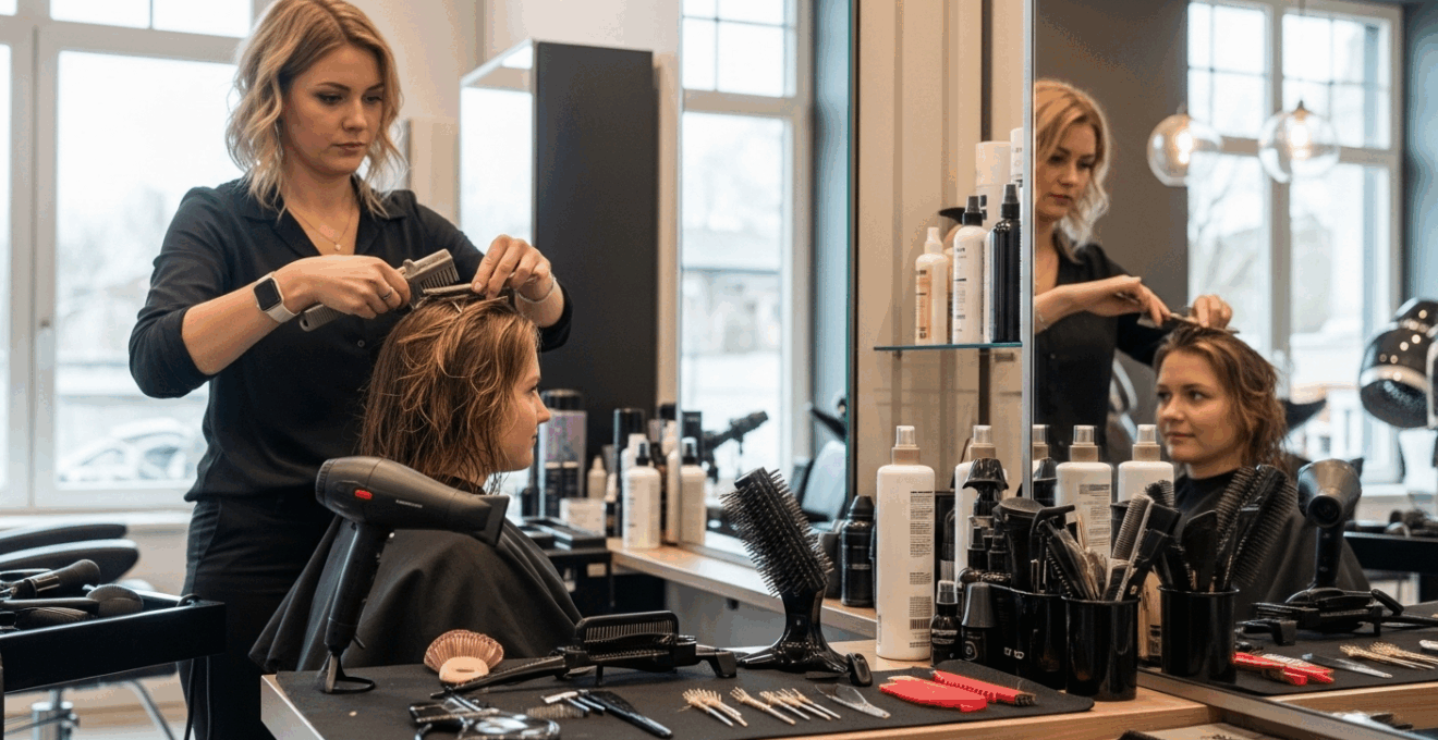 Coiffeuse professionnelle réalisant un lissage parfait avec de nombreux accessoires sur un plan de travail moderne