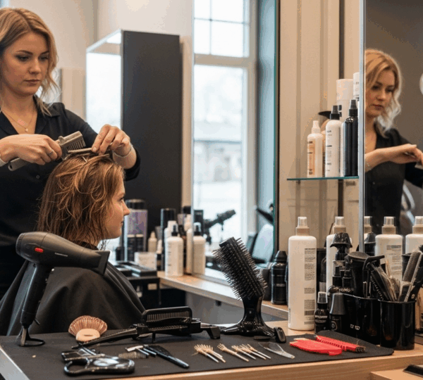 Coiffeuse professionnelle réalisant un lissage parfait avec de nombreux accessoires sur un plan de travail moderne