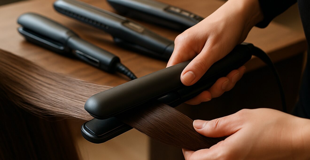 Gros plan sur une main utilisant un lisseur professionnel sur des cheveux brillants, avec plusieurs types de lisseurs visibles en arrière-plan.