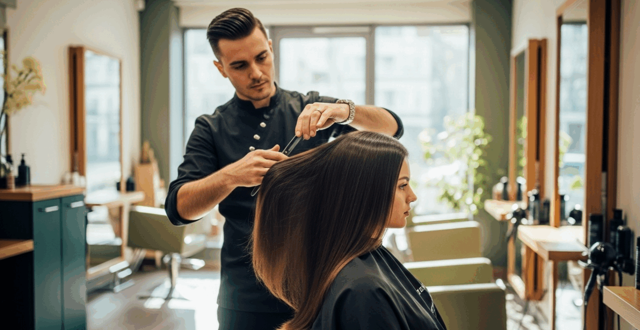 Un coiffeur créant une coupe moderne sur des cheveux longs lissés à la brésilienne, dans un salon lumineux avec lumière naturelle.
