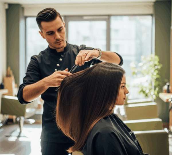 Un coiffeur créant une coupe moderne sur des cheveux longs lissés à la brésilienne, dans un salon lumineux avec lumière naturelle.