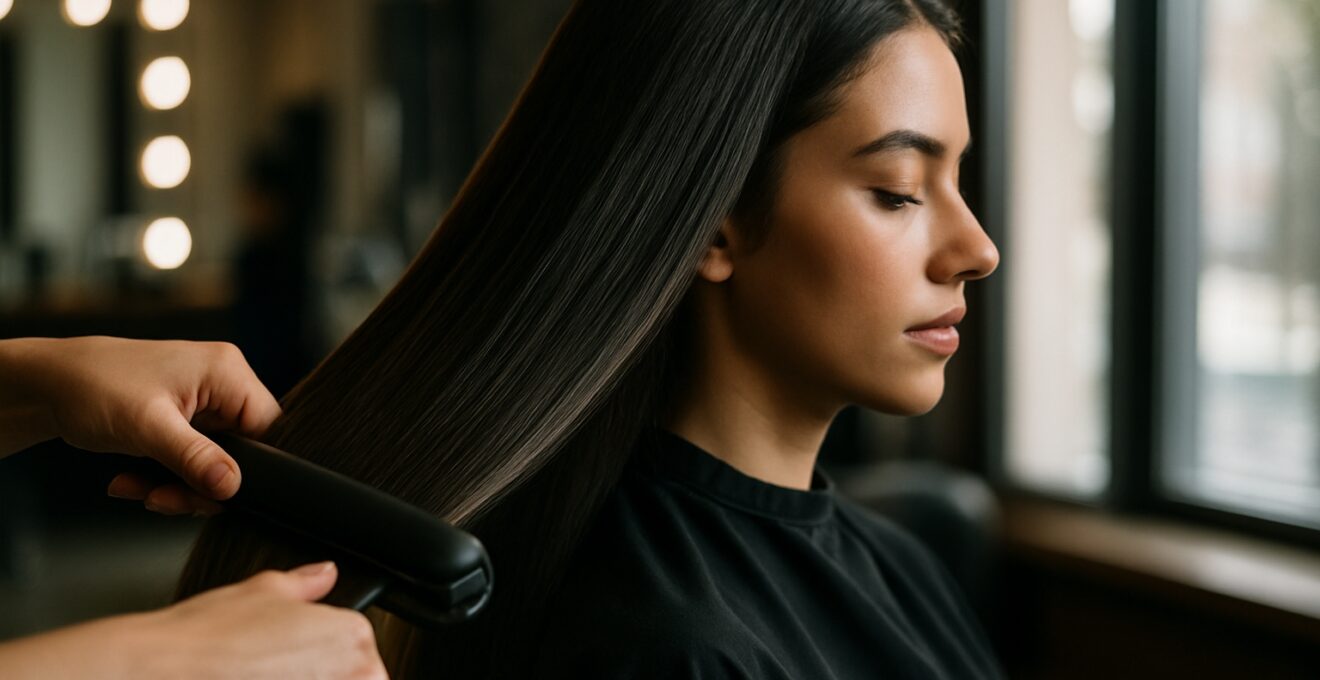 Scène en salon, femme aux cheveux longs brillants reçoit un soin lissant professionnel sous une lumière naturelle, rendu hyperréaliste et élégant.