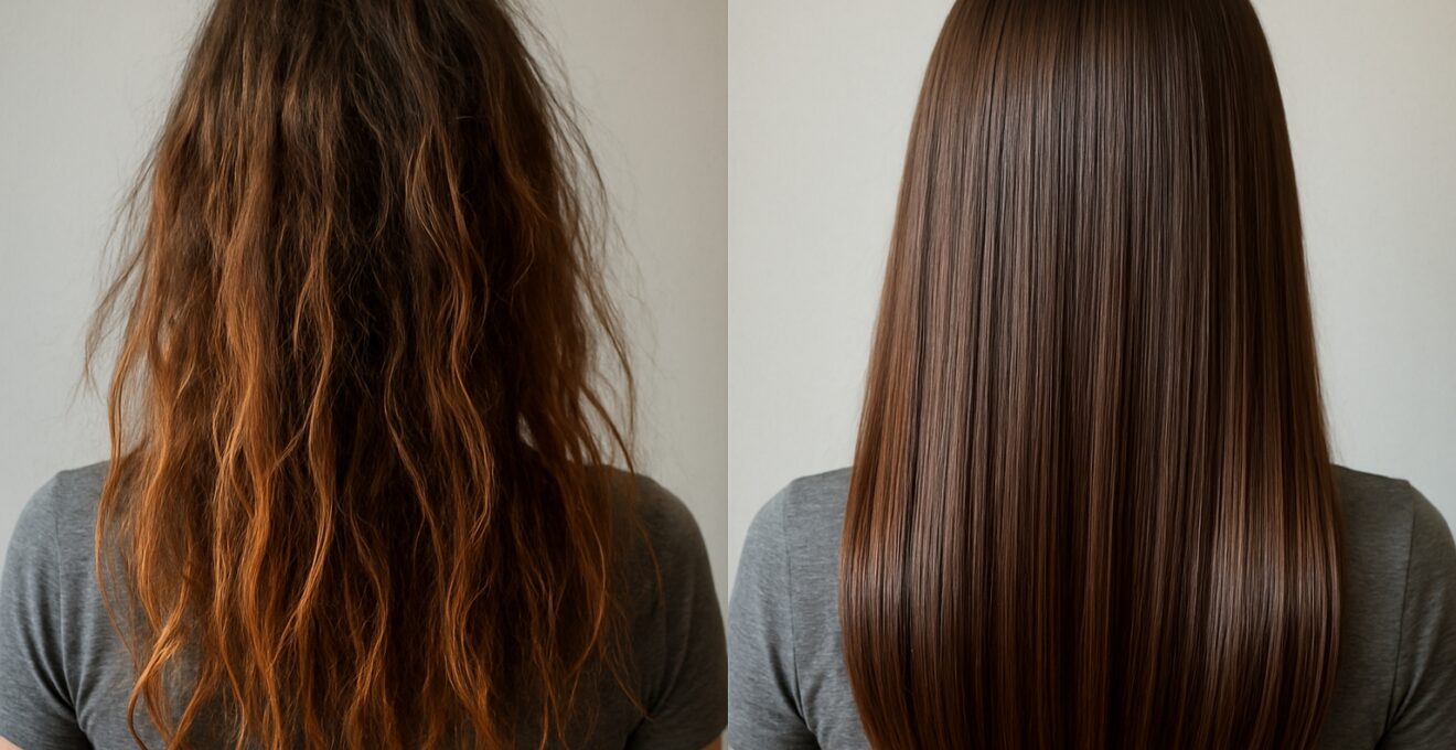 Cheveux abîmés en transformation vers des cheveux sains après masque
