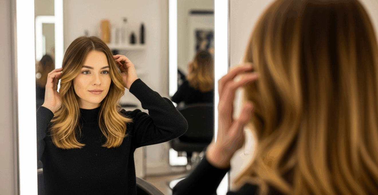 Femme admirant ses mèches lumineuses devant un miroir de salon de coiffure
