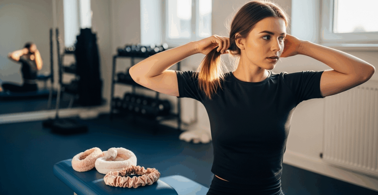 Jeune femme préparant une activité sans attacher ses cheveux lissés, accessoires doux en arrière-plan