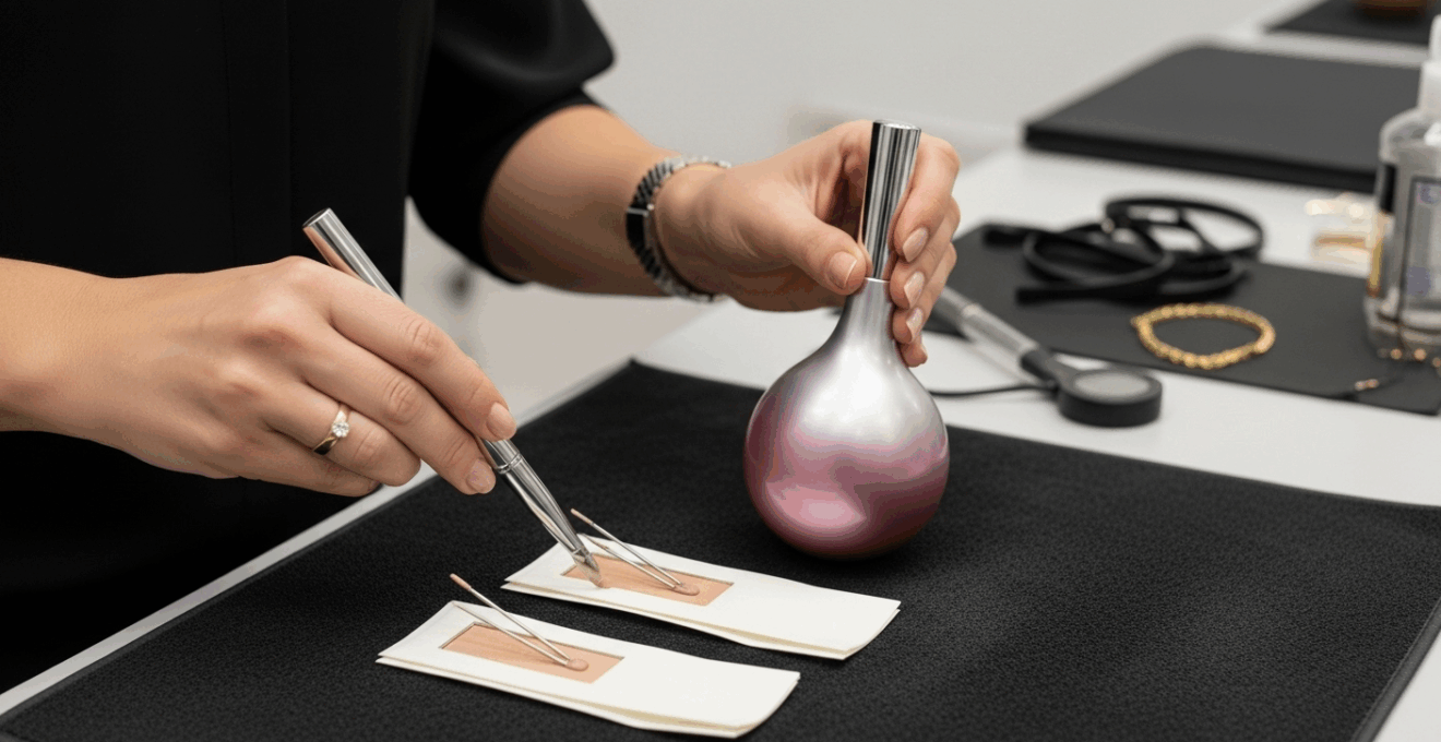 Coiffeuse préparant un bol gradué et un pinceau applicateur pour un soin lissant, accessoires professionnels visibles