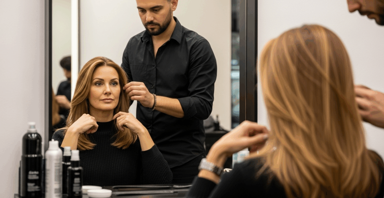 Femme et coiffeur dans un salon, réflexion sur les risques du lissage brésilien