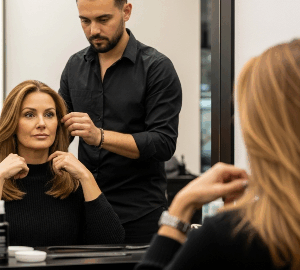 Femme et coiffeur dans un salon, réflexion sur les risques du lissage brésilien