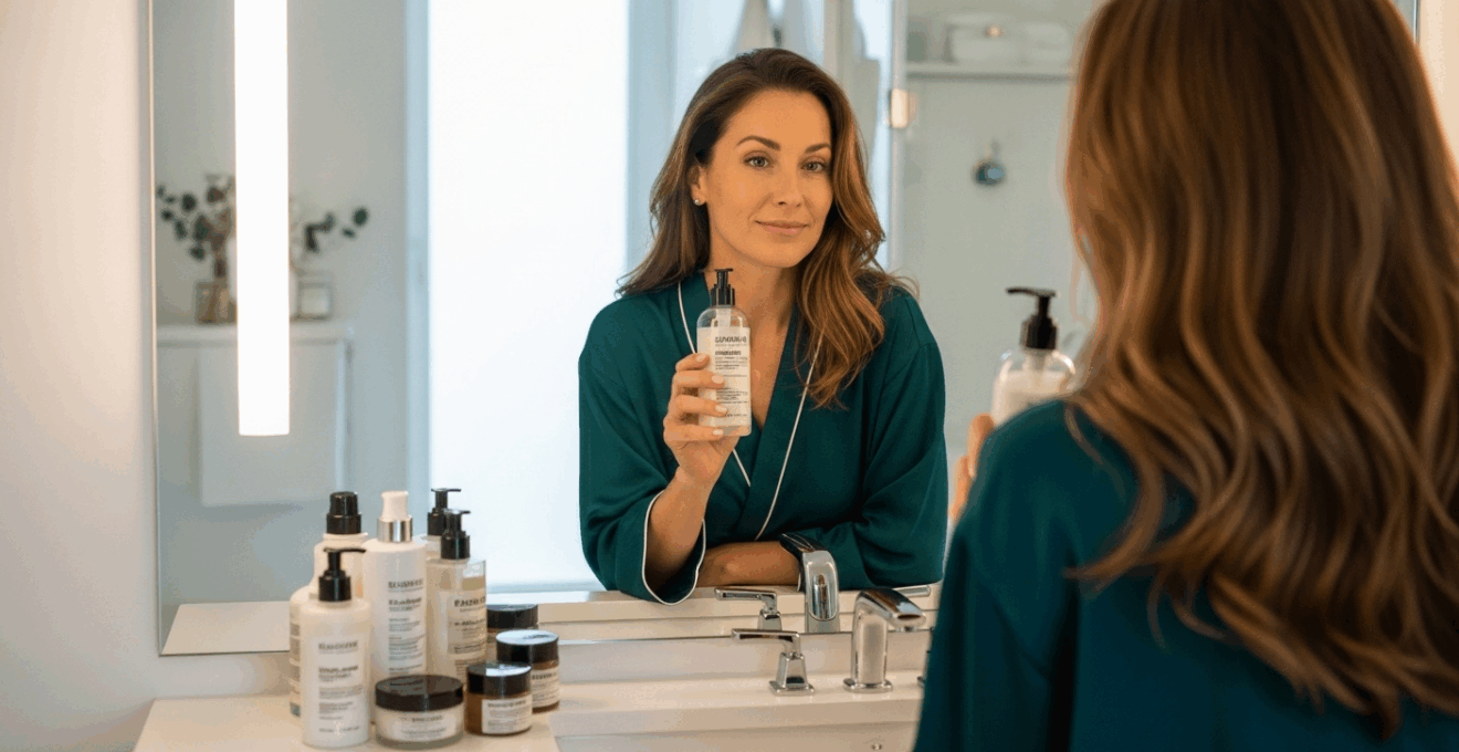 Femme aux cheveux lissés prenant soin de sa chevelure dans une salle de bain lumineuse