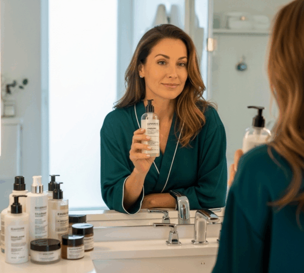 Femme aux cheveux lissés prenant soin de sa chevelure dans une salle de bain lumineuse