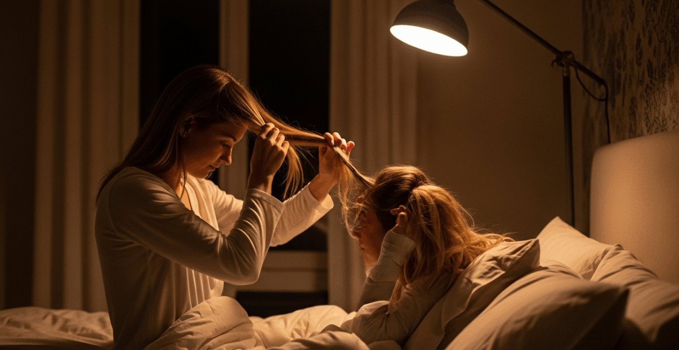 Femme attachant ses cheveux lissés en tresse lâche sur un lit avec taie d’oreiller en soie, lumière tamisée