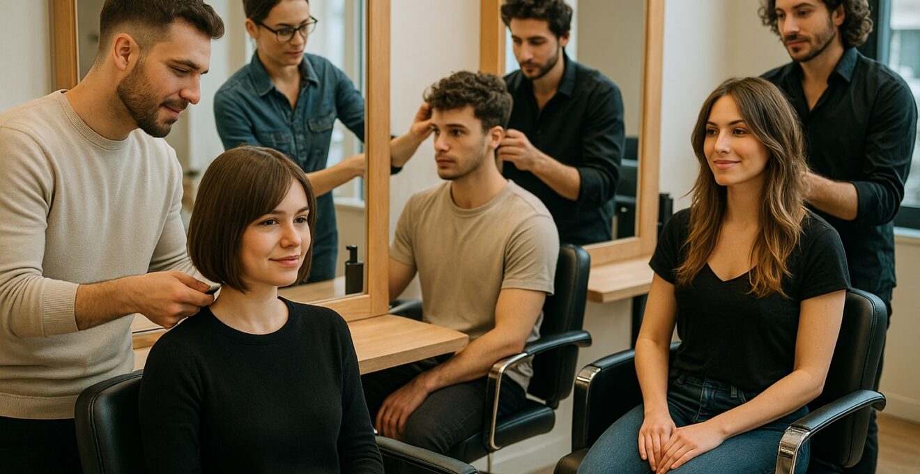 Scène vivante dans un salon de coiffure moderne avec plusieurs clients aux coupes variées