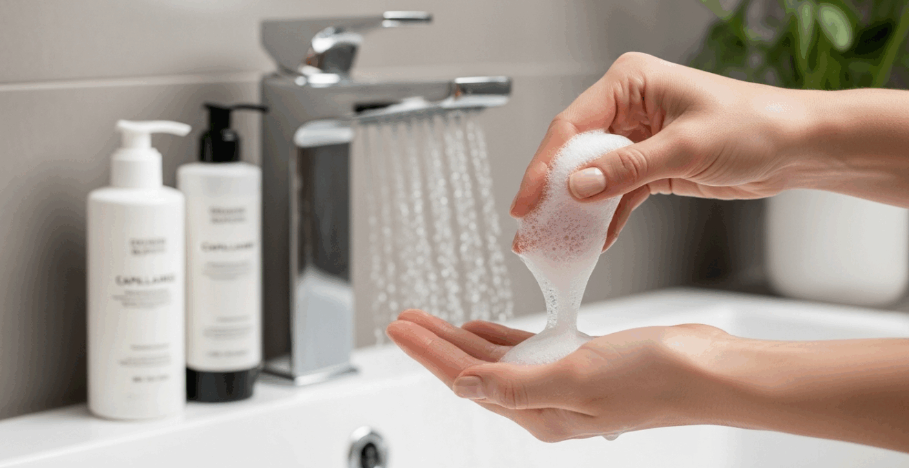 Main versant un shampoing transparent, ambiance salle de bain moderne, lumière douce