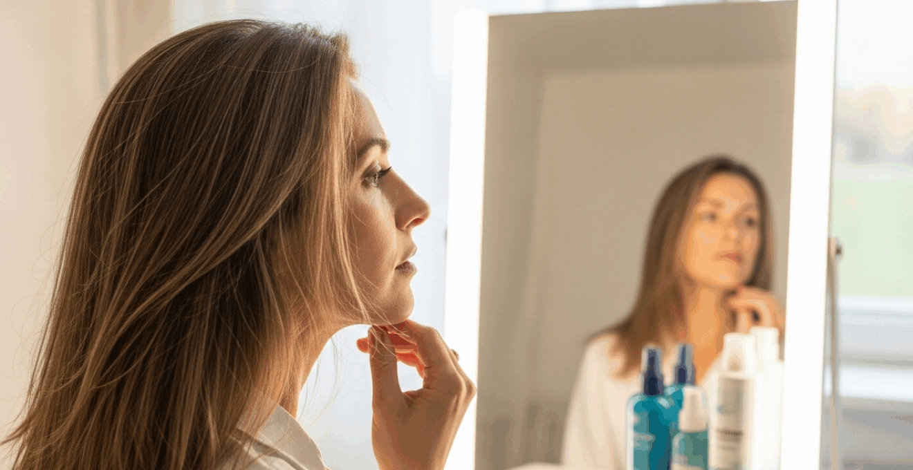 Femme contemplant sa chevelure lisse et brillante dans une lumière chaude
