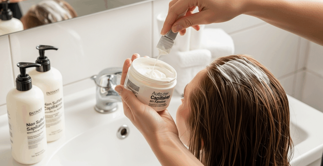 Gros plan de mains appliquant un masque nourrissant sur cheveux mouillés lors d’une routine capillaire