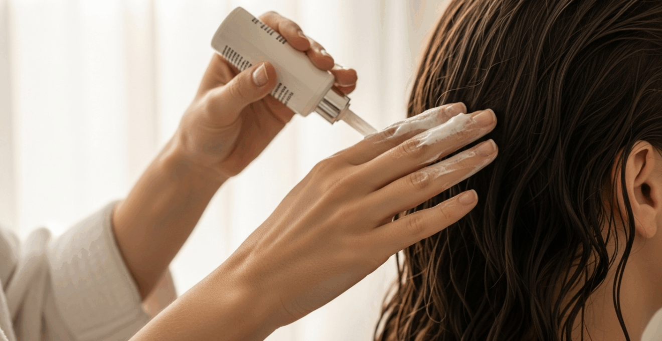 Application d’un masque nourrissant sur cheveux mouillés