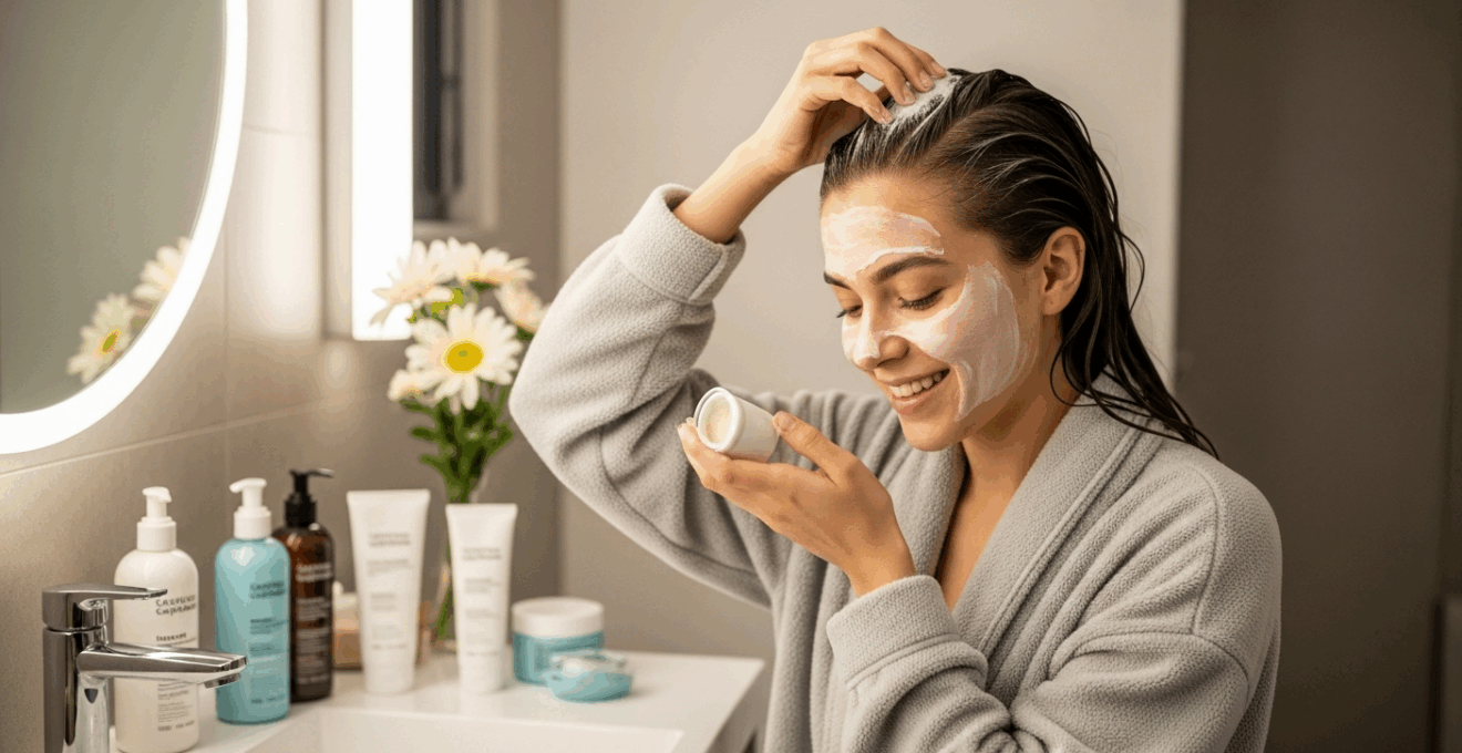 Femme appliquant un masque hydratant sur ses cheveux dans une salle de bain moderne