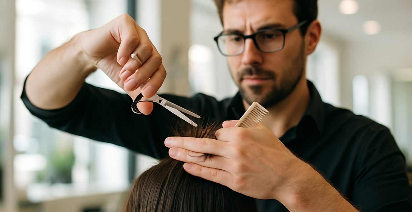 Gros plan sur un coiffeur réalisant une coupe précise aux ciseaux sur des cheveux mi-longs