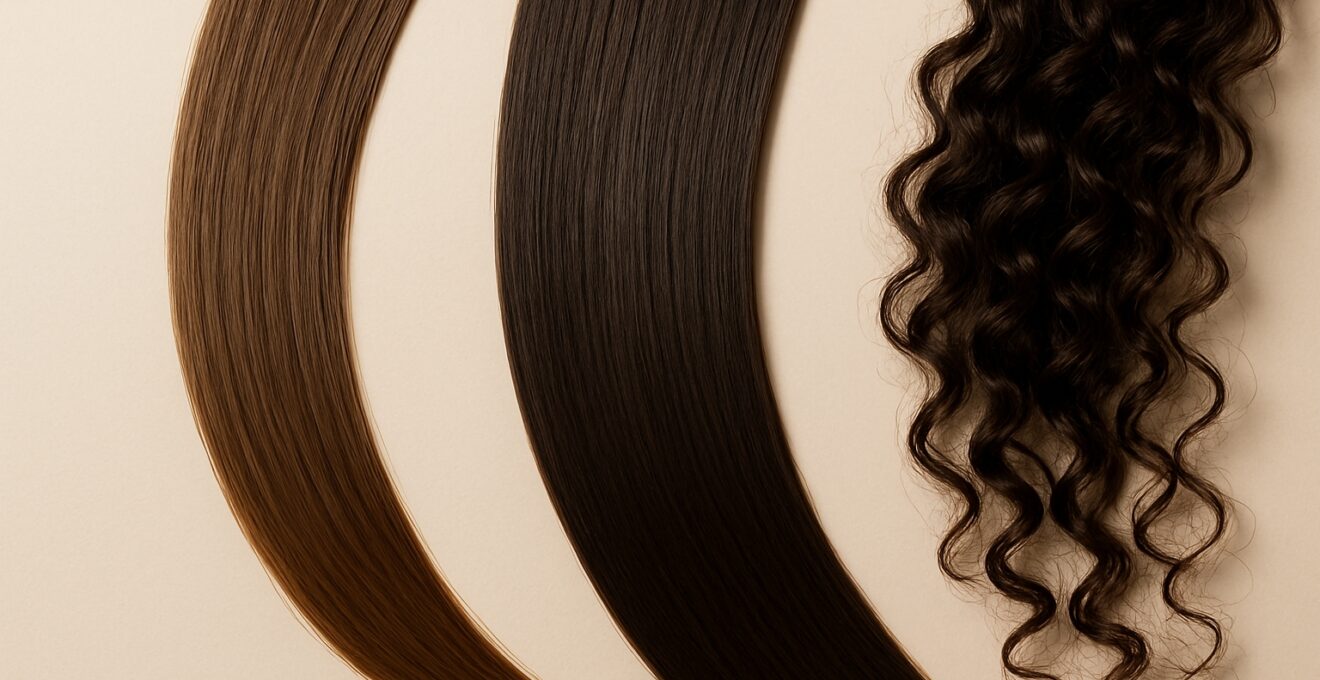 Gros plan sur trois mèches de cheveux lissés de textures différentes, éclairage uniforme