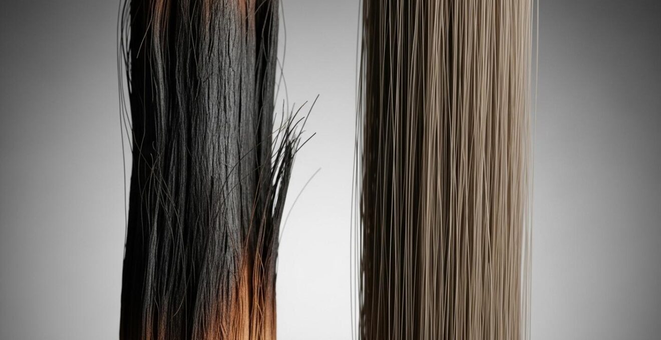image comparative avant/après d’une fibre capillaire brûlée et après soin réparateur