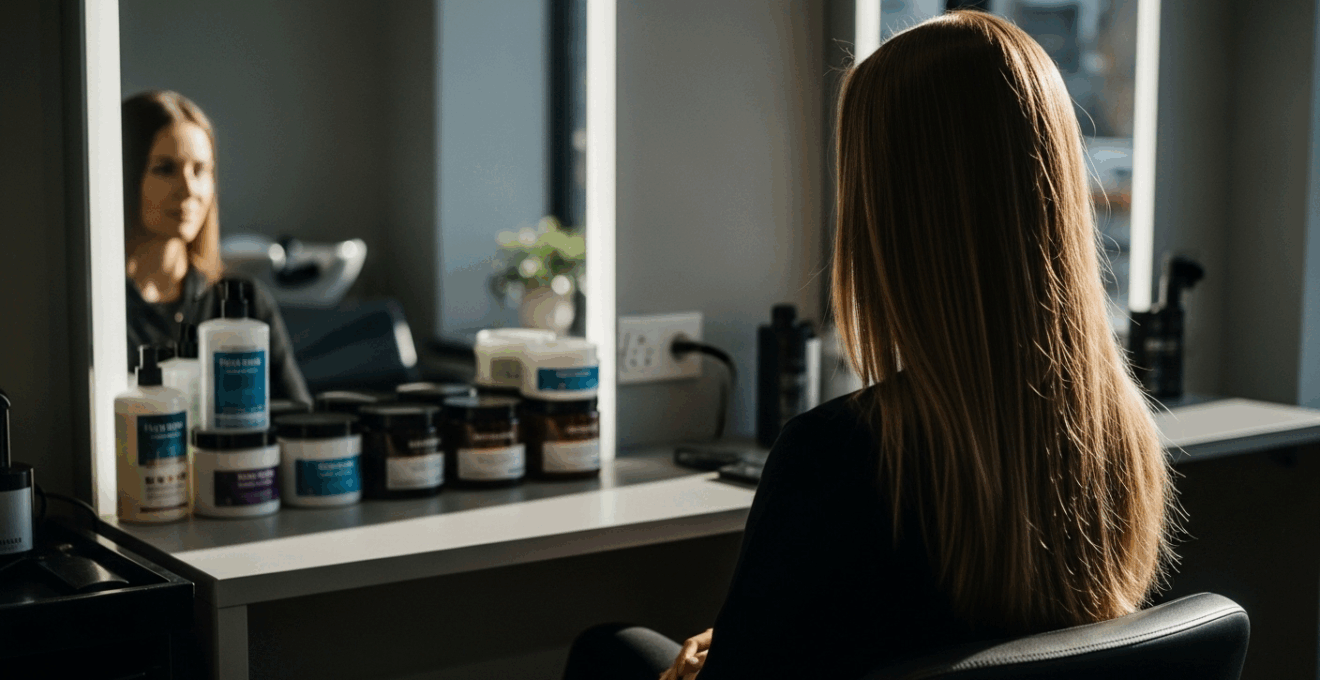 Femme aux cheveux brillants et lisses, examinant plusieurs masques capillaires devant un miroir dans un salon baigné de lumière naturelle.
