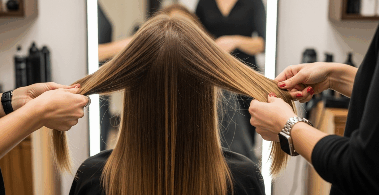 Chevelure féminine lisse et brillante, stylistes en action, lumière naturelle, ambiance professionnelle