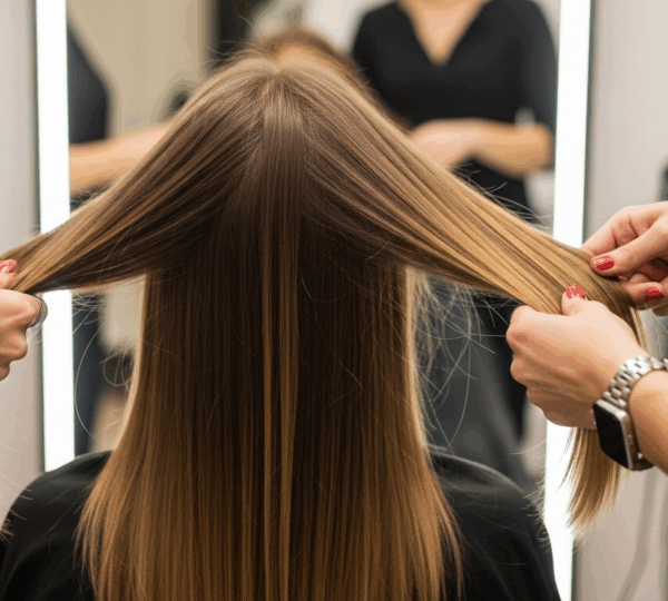 Chevelure féminine lisse et brillante, stylistes en action, lumière naturelle, ambiance professionnelle