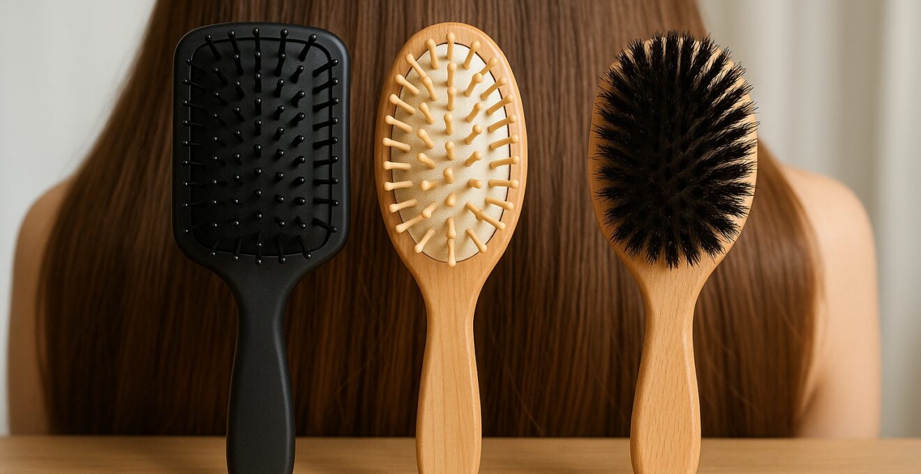 Plusieurs brosses adaptées alignées devant des cheveux parfaitement lissés.
