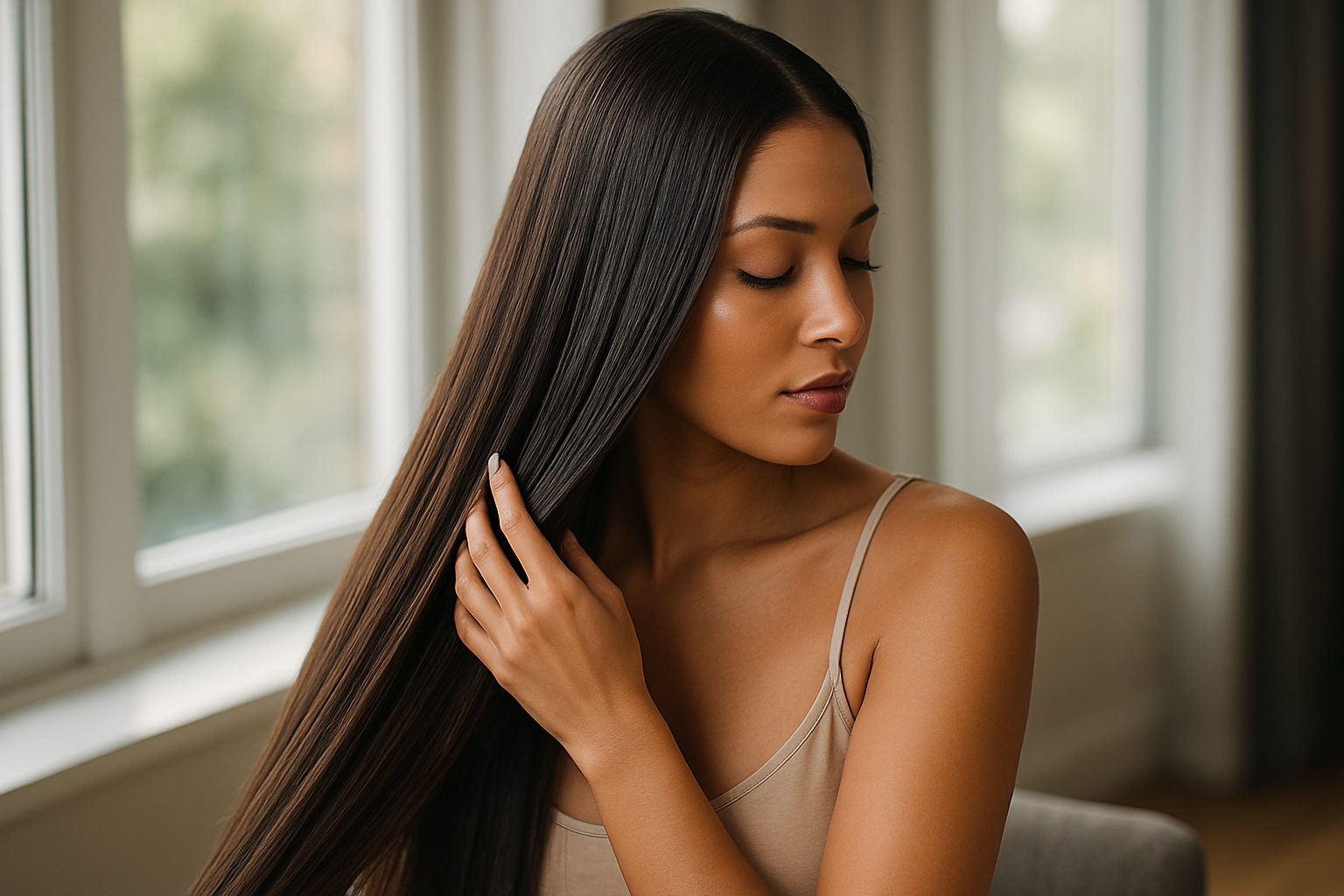 Femme aux cheveux lissés brésiliens soyeux, touchant ses longueurs brillantes dans une lumière naturelle.