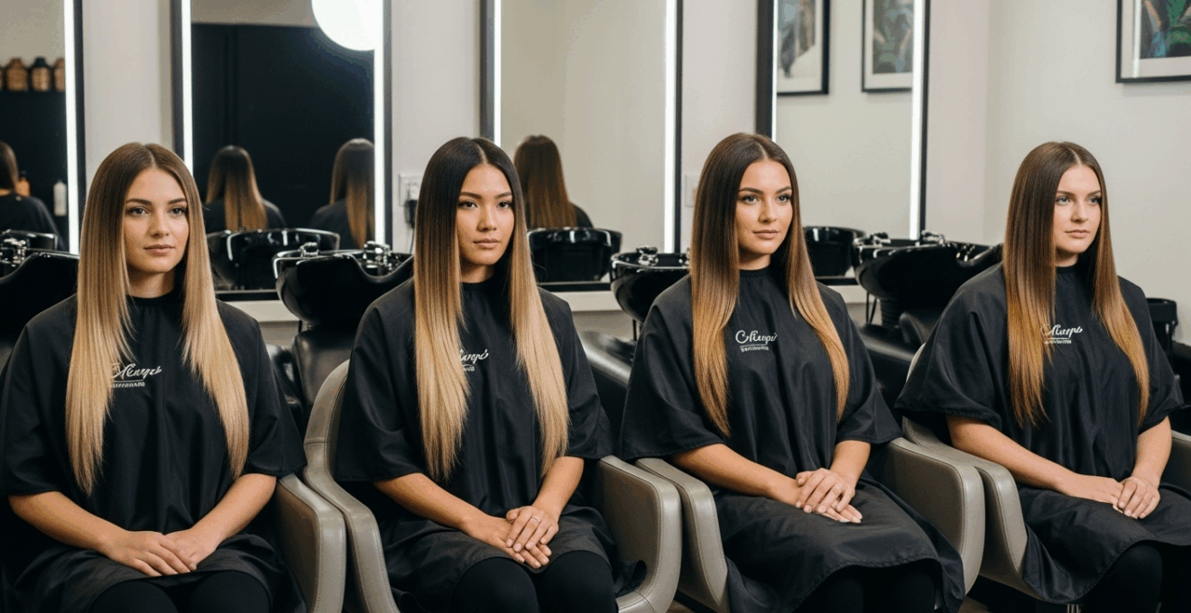 Photographie documentaire de quatre femmes aux types de cheveux variés, chacune affichant un style de lissage différent (brésilien, japonais, tanin, naturel), posant côte à côte dans un salon lumineux.