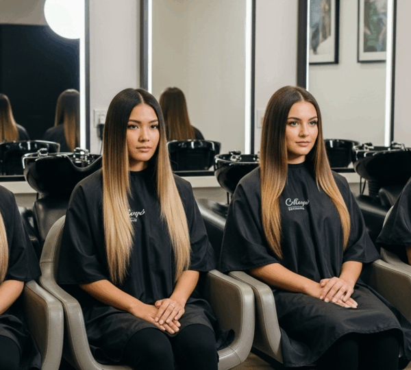 Photographie documentaire de quatre femmes aux types de cheveux variés, chacune affichant un style de lissage différent (brésilien, japonais, tanin, naturel), posant côte à côte dans un salon lumineux.