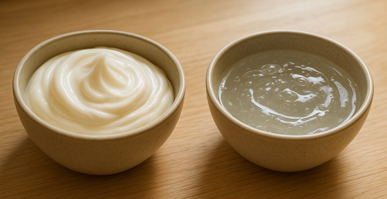 Deux bols de masques cheveux, l’un riche et crémeux pour cheveux secs, l’autre léger pour cheveux gras, vue rapprochée sur la texture.