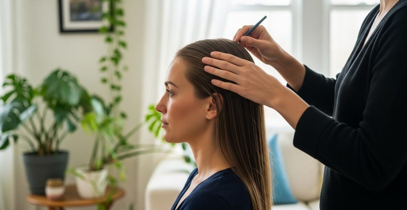Femme de profil avec cheveux lisses et brillants, recevant un soin détox sur le cuir chevelu dans un salon moderne, ambiance naturelle.