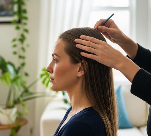 Femme de profil avec cheveux lisses et brillants, recevant un soin détox sur le cuir chevelu dans un salon moderne, ambiance naturelle.