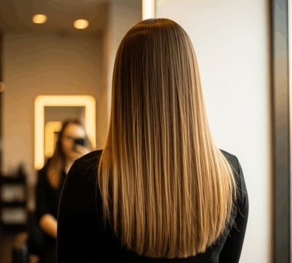 Cheveux féminins parfaitement lissés, mis en valeur dans une lumière naturelle, ambiance de salon de coiffure.
