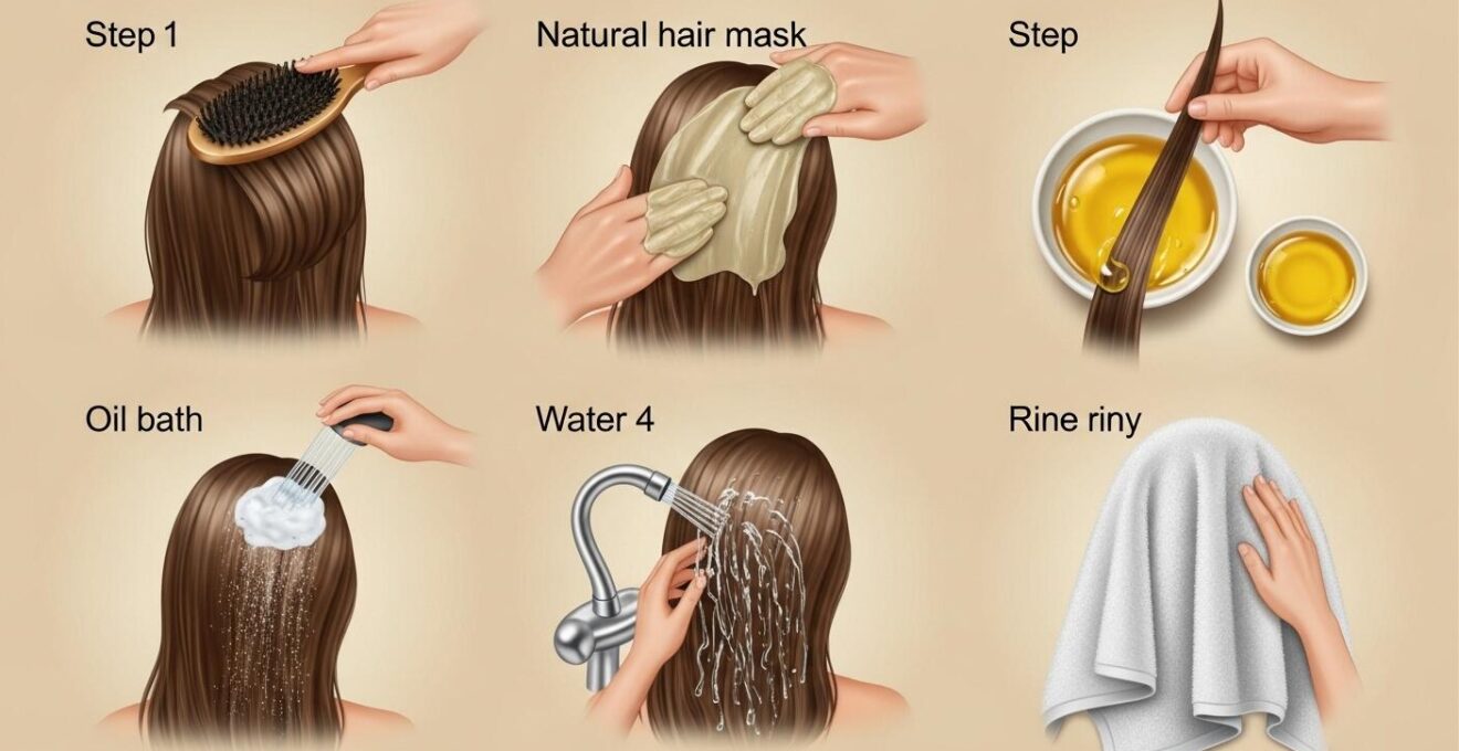 Schéma simple illustrant les étapes essentielles des soins capillaires naturels.
