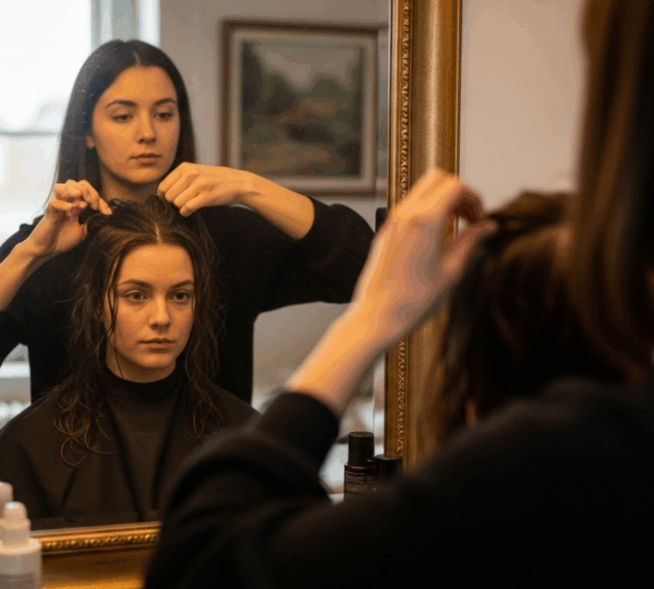Jeune femme brune appliquant un soin lissant à la kératine sur ses cheveux à la maison, lumière naturelle, ambiance authentique.