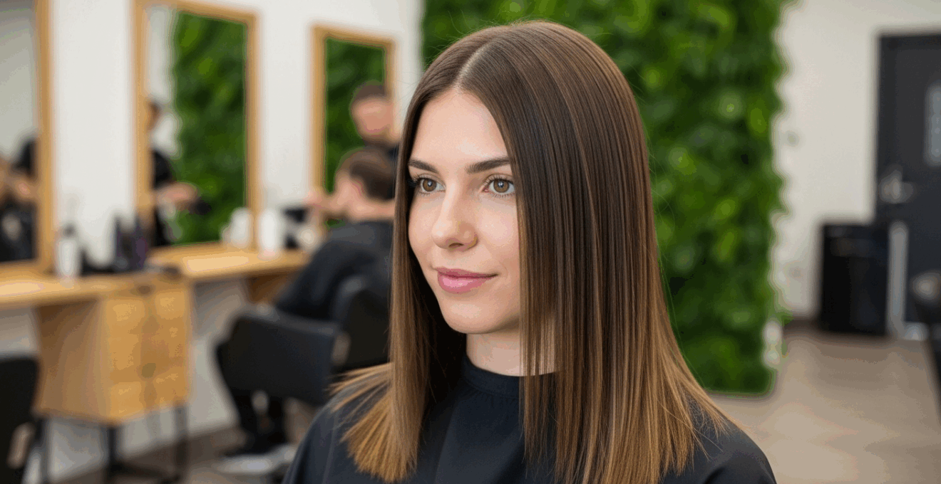 Femme métisse aux cheveux lissés, ambiance salon, lumière naturelle, ambiance saine