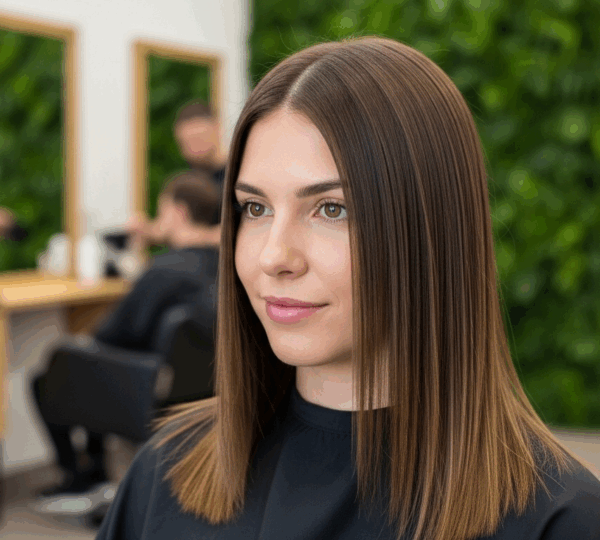 Femme métisse aux cheveux lissés, ambiance salon, lumière naturelle, ambiance saine