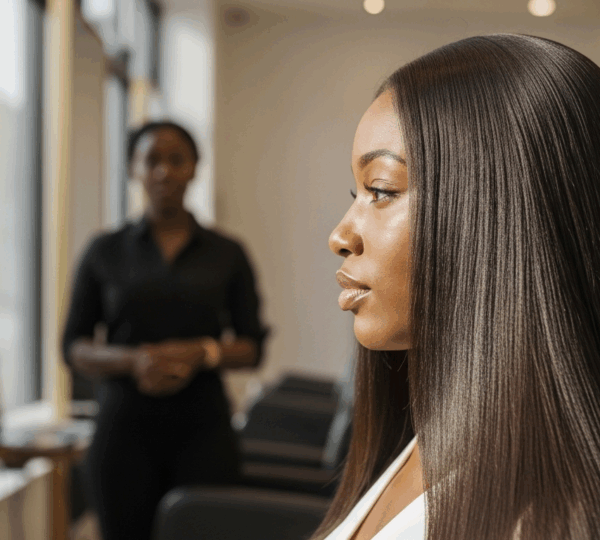 Femme aux cheveux lisses et brillants dans un salon de coiffure, ambiance professionnelle et décontractée.