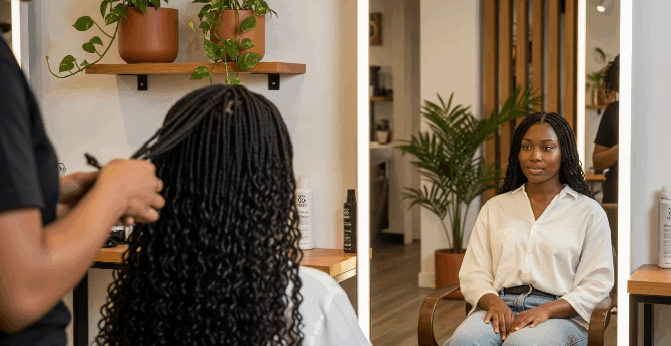 Femme noire aux cheveux crépus lissés, recevant des soins capillaires dans un salon, lumière naturelle, ambiance professionnelle.